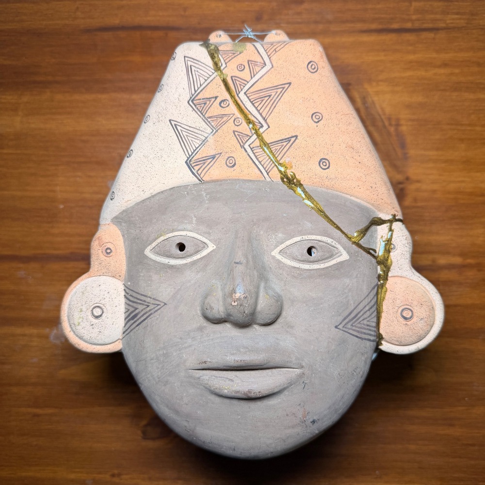 Pre-Columbian Style Terracotta Clay Mask Kintsugi Repaired Tribal Wall Art 9.5in